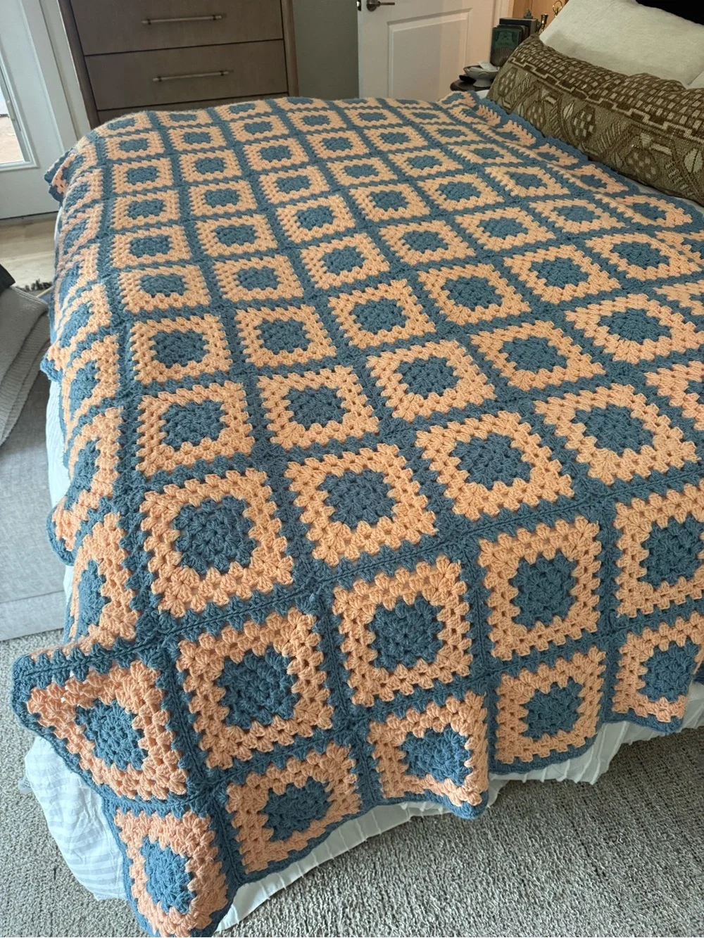 Handmade Peach and Teal Crochet Granny Square Bedspread